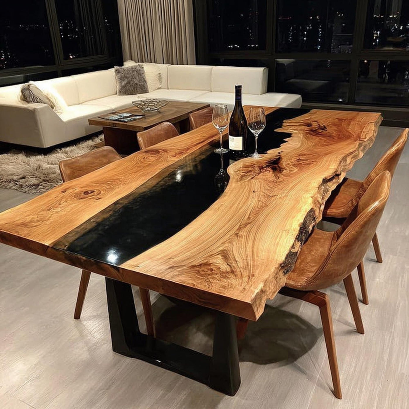 Handmade Live Edge Wood & Black Epoxy Dining Table, Custom Rustic Table