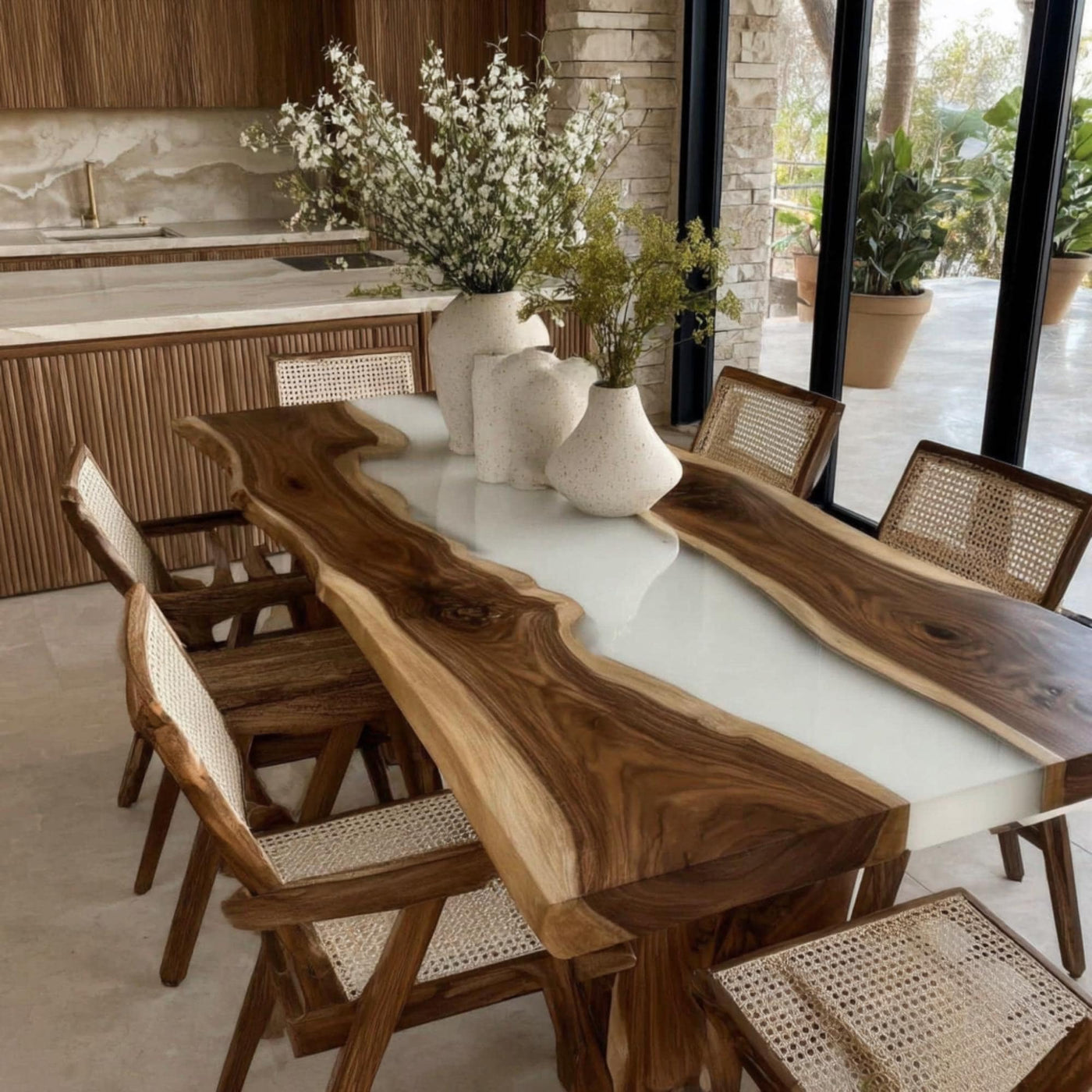 Handmade Live Edge Walnut Epoxy Dining Table, Custom Metal Legs
