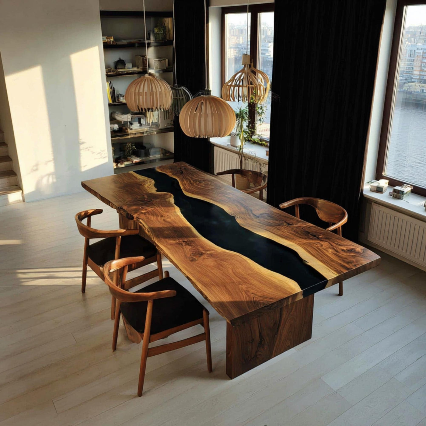 Handmade Live Edge Walnut Epoxy Dining Table, Custom Wood River Table