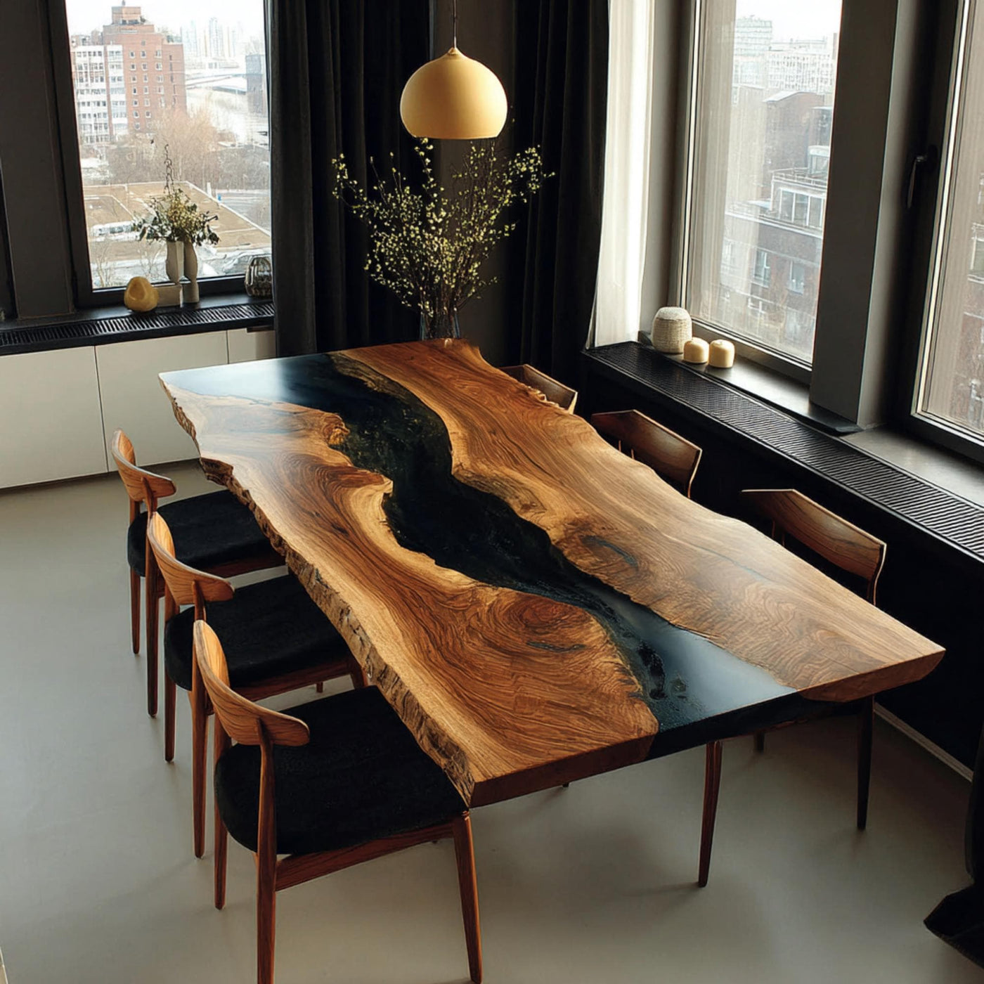 Handmade Live Edge Walnut Epoxy Dining Table, Custom Wood River Table