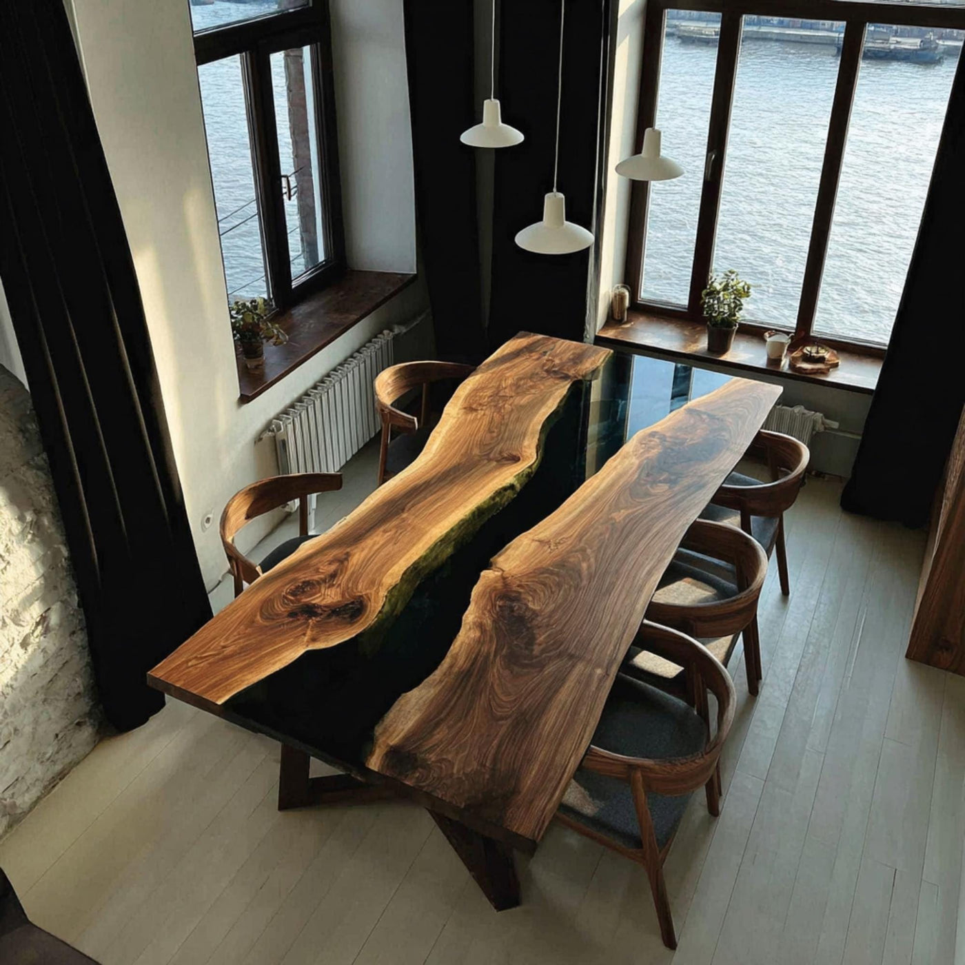 Handmade Live Edge Walnut Epoxy Dining Table, Custom Wood River Table