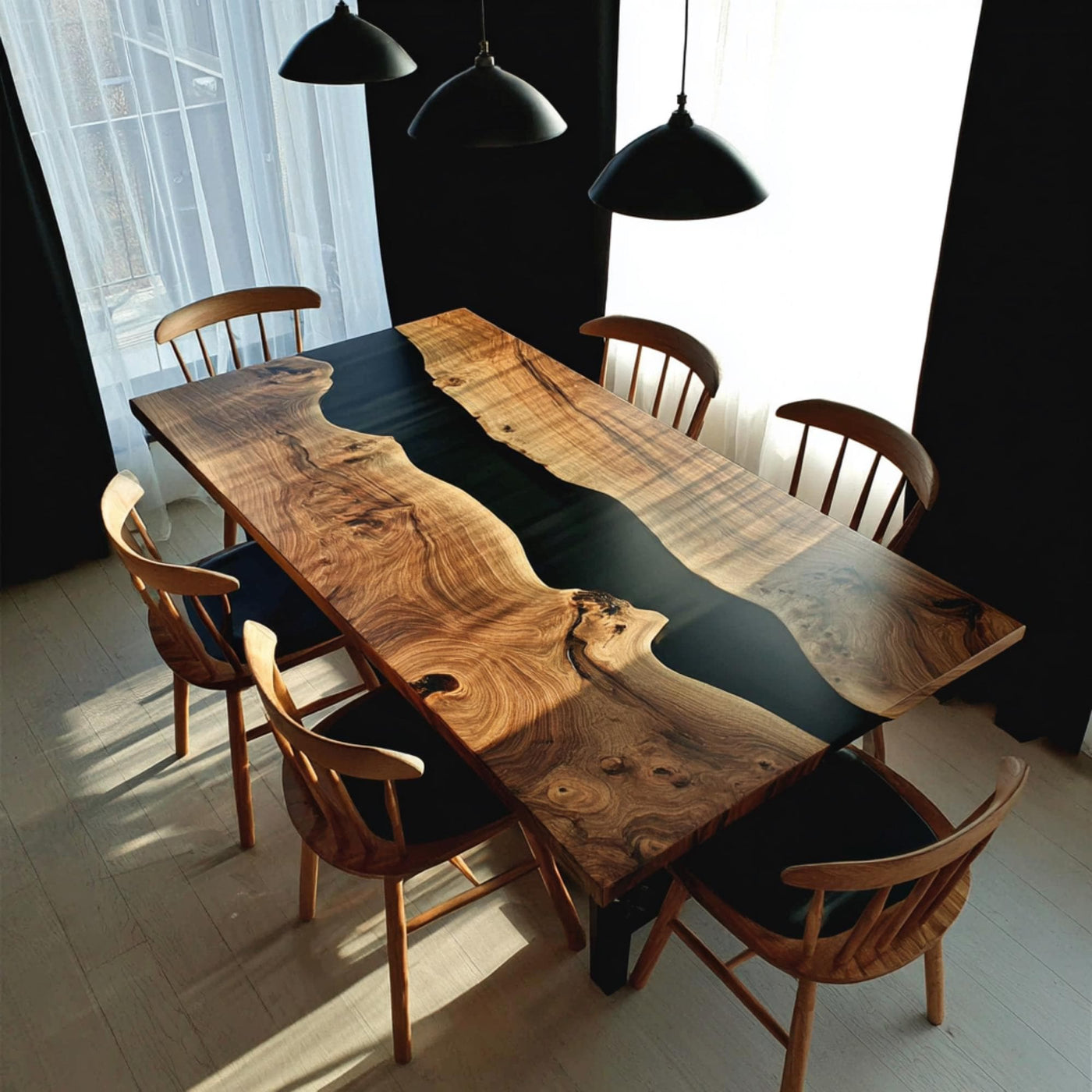 Handmade Live Edge Walnut Epoxy Dining Table, Custom Wood River Table