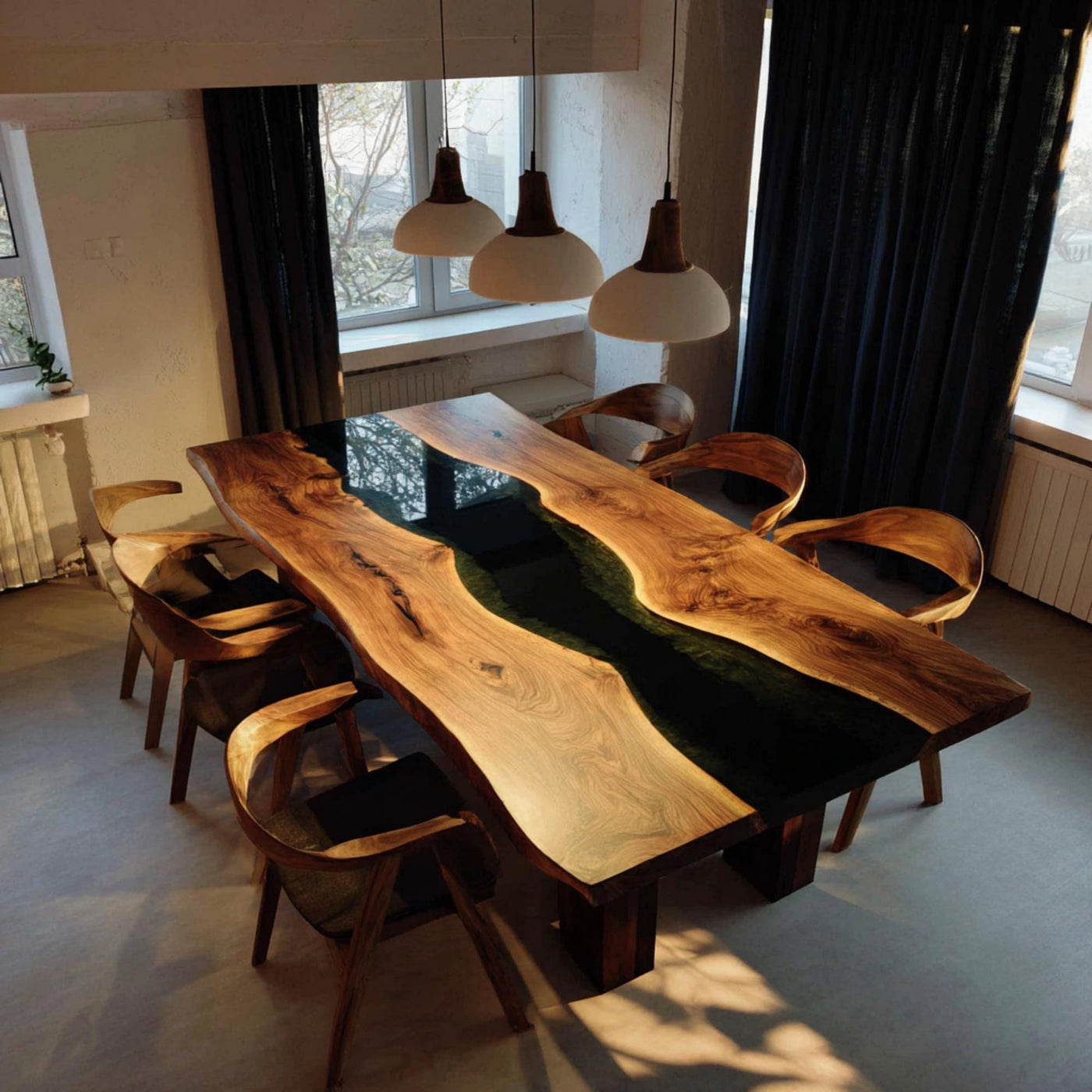 Handmade Live Edge Walnut Epoxy Dining Table, Custom Wood River Table