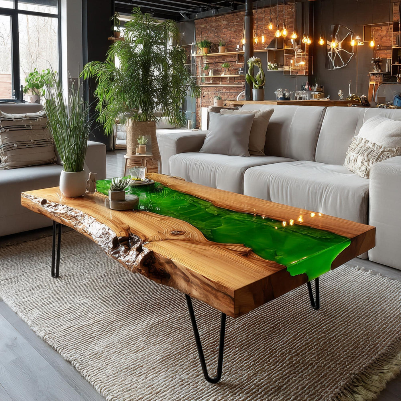 Handmade Walnut Epoxy Coffee Table, Live Edge Wood, Modern Metal Legs