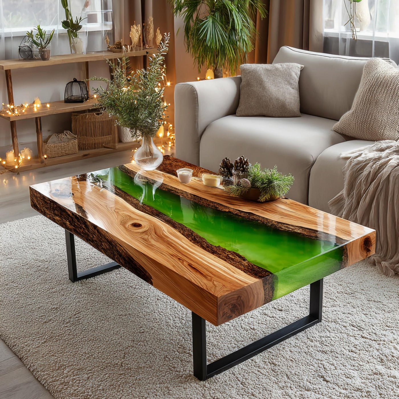 Handmade Walnut Epoxy Coffee Table, Live Edge Wood, Modern Metal Legs