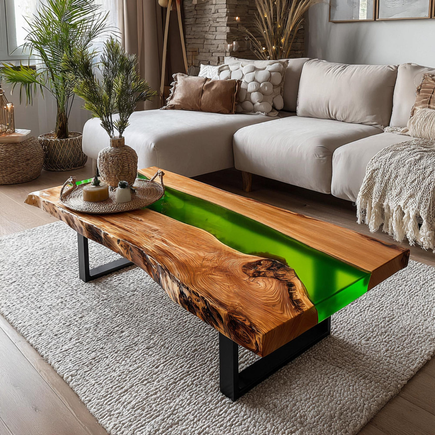 Handmade Walnut Epoxy Coffee Table, Live Edge Wood, Modern Metal Legs