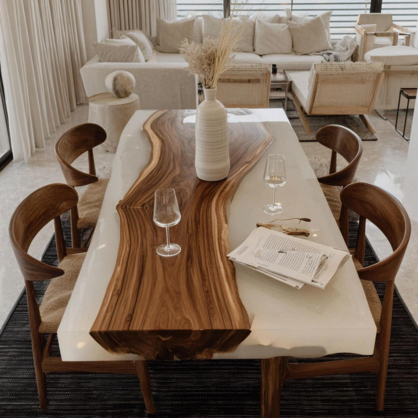 Custom Live Edge Walnut Epoxy Dining Table, Modern Rustic