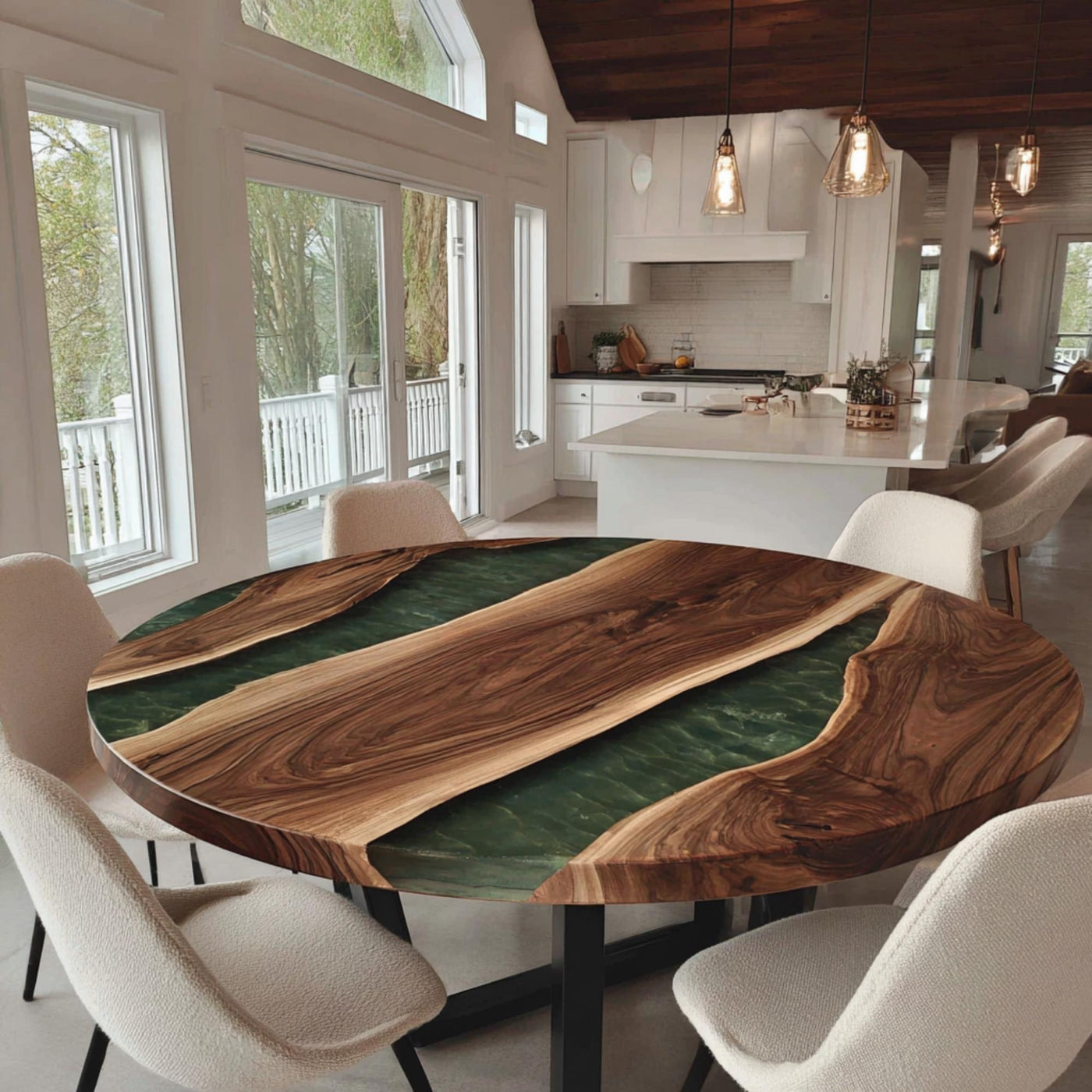 Handmade Walnut Wood Round Dining Table, Epoxy Resin River Table