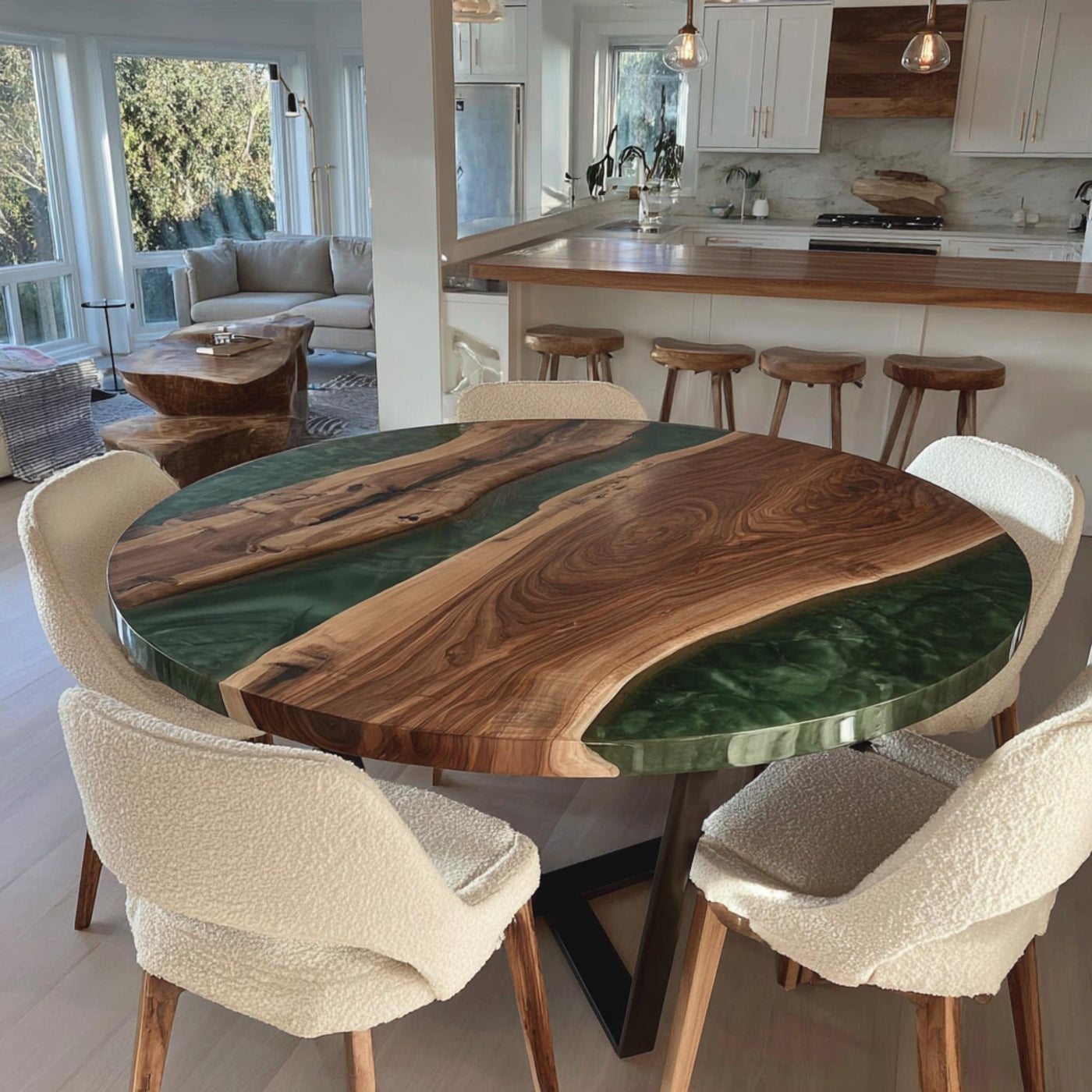 Handmade Walnut Wood Round Dining Table, Epoxy Resin River Table