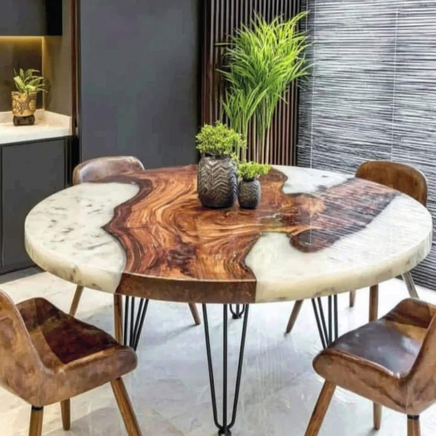 Handmade Walnut Epoxy Round Dining Table, Custom Wood River Table