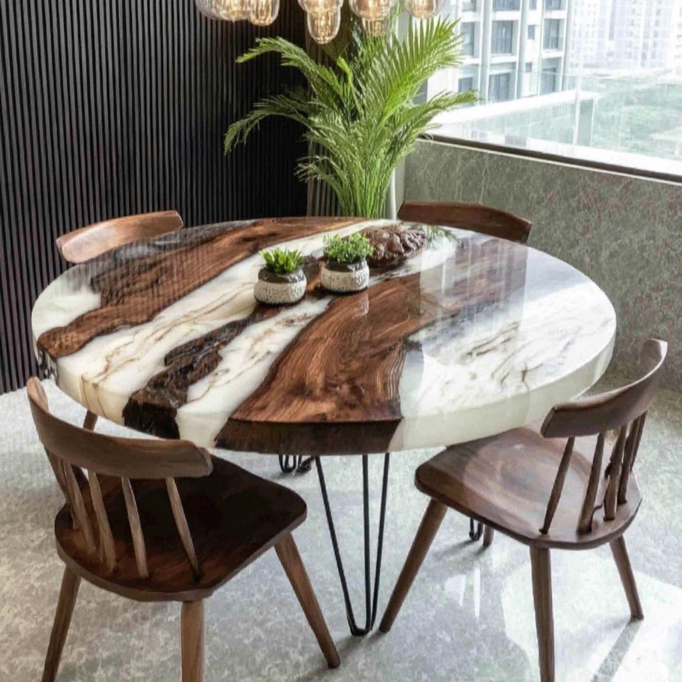 Handmade Walnut Epoxy Round Dining Table, Custom Wood River Table
