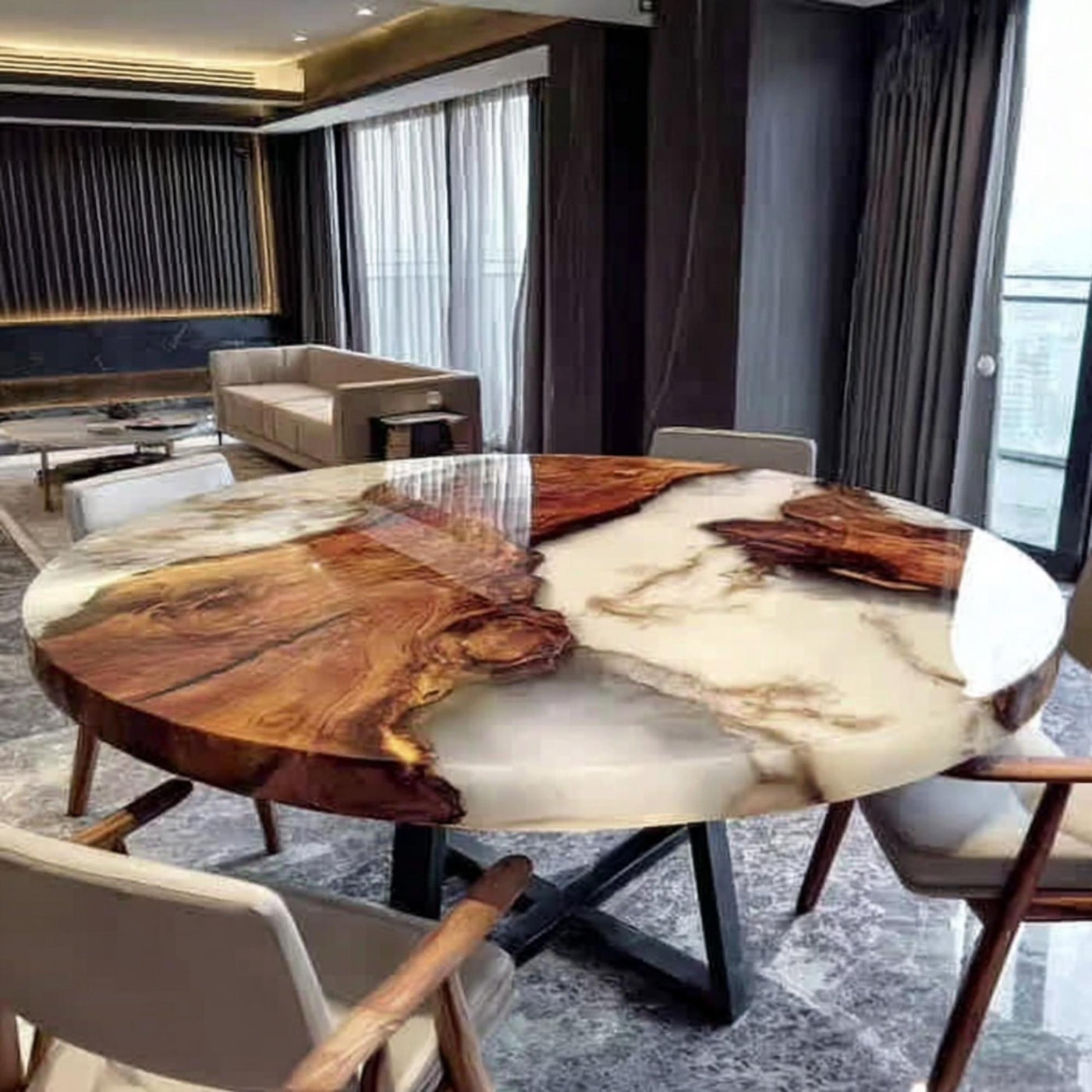 Handmade Walnut Epoxy Round Dining Table, Custom Wood River Table