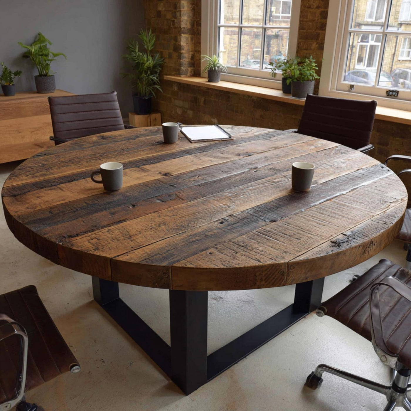 Handmade Walnut Round Dining Table, Rustic Solid Wood with Metal Legs