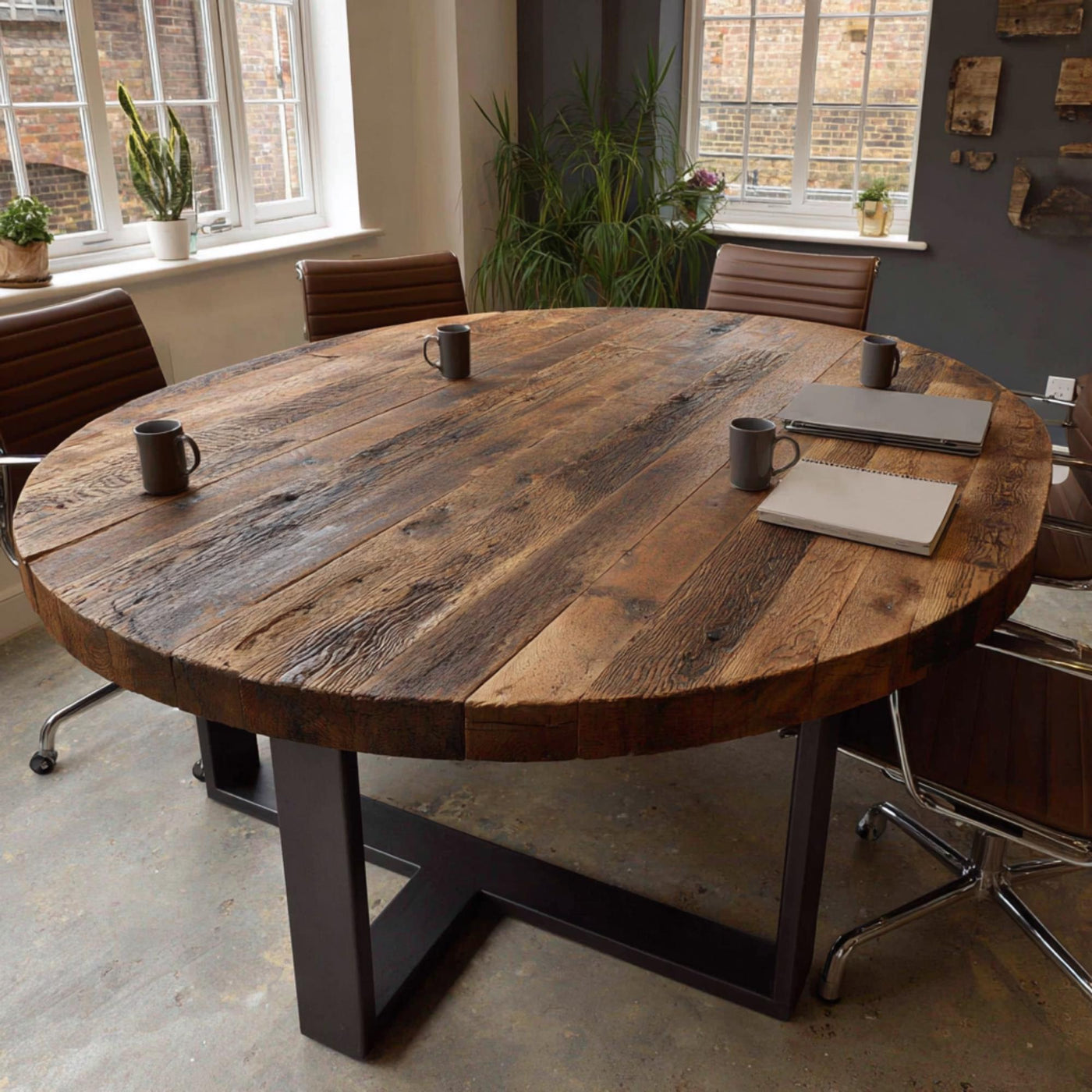 Handmade Walnut Round Dining Table, Rustic Solid Wood with Metal Legs