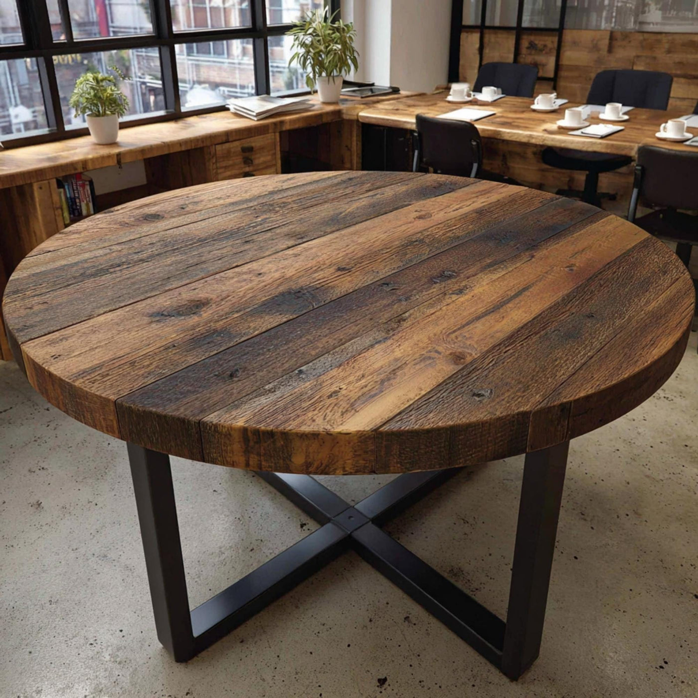 Handmade Walnut Round Dining Table, Rustic Solid Wood with Metal Legs