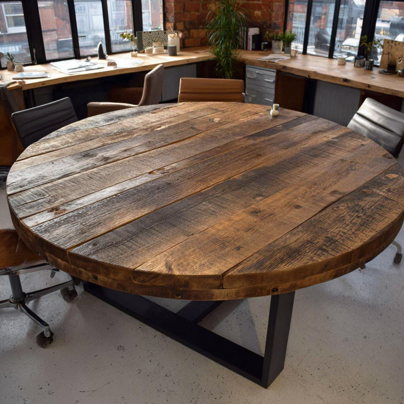 Handmade Walnut Round Dining Table, Rustic Solid Wood with Metal Legs
