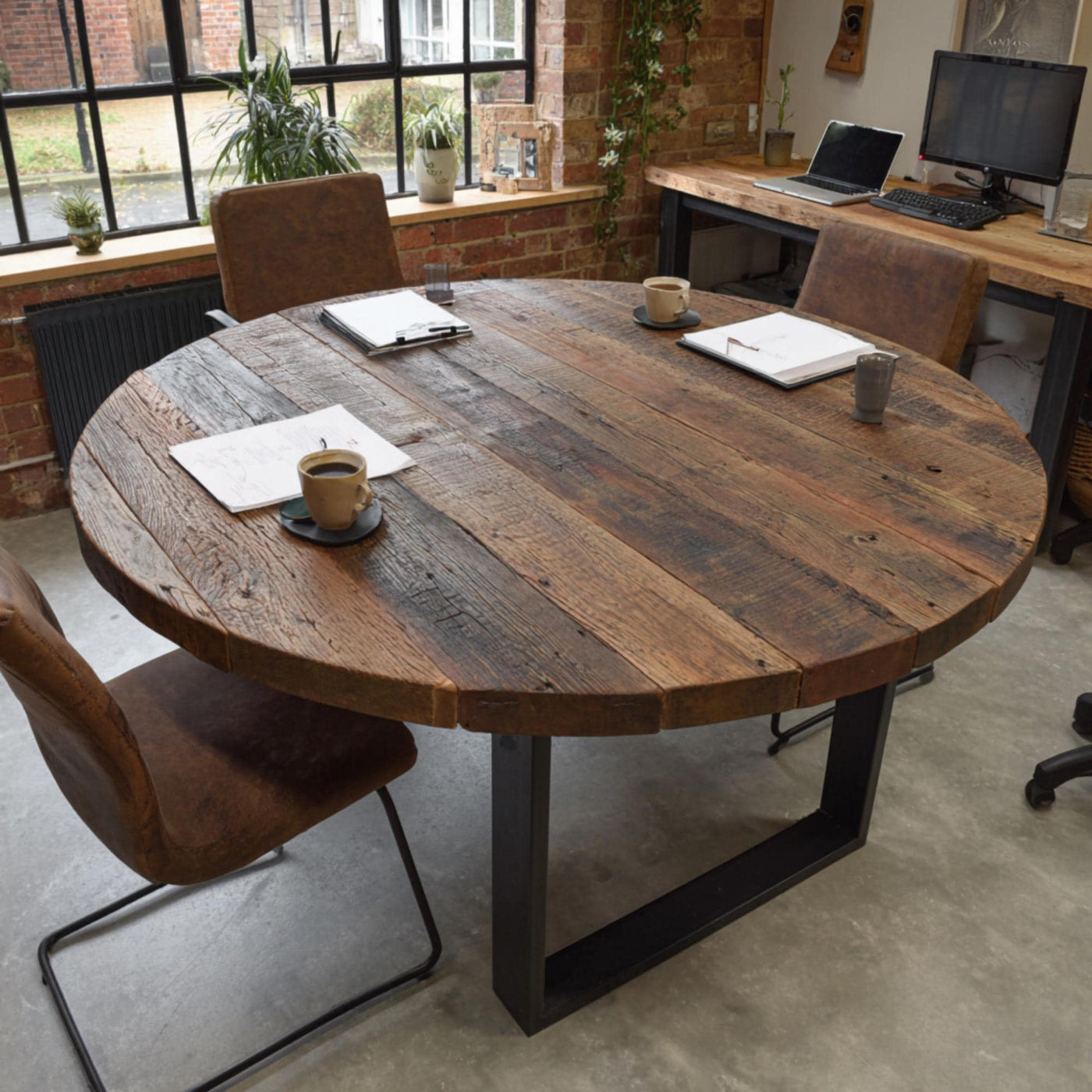 Handmade Walnut Round Dining Table, Rustic Solid Wood with Metal Legs