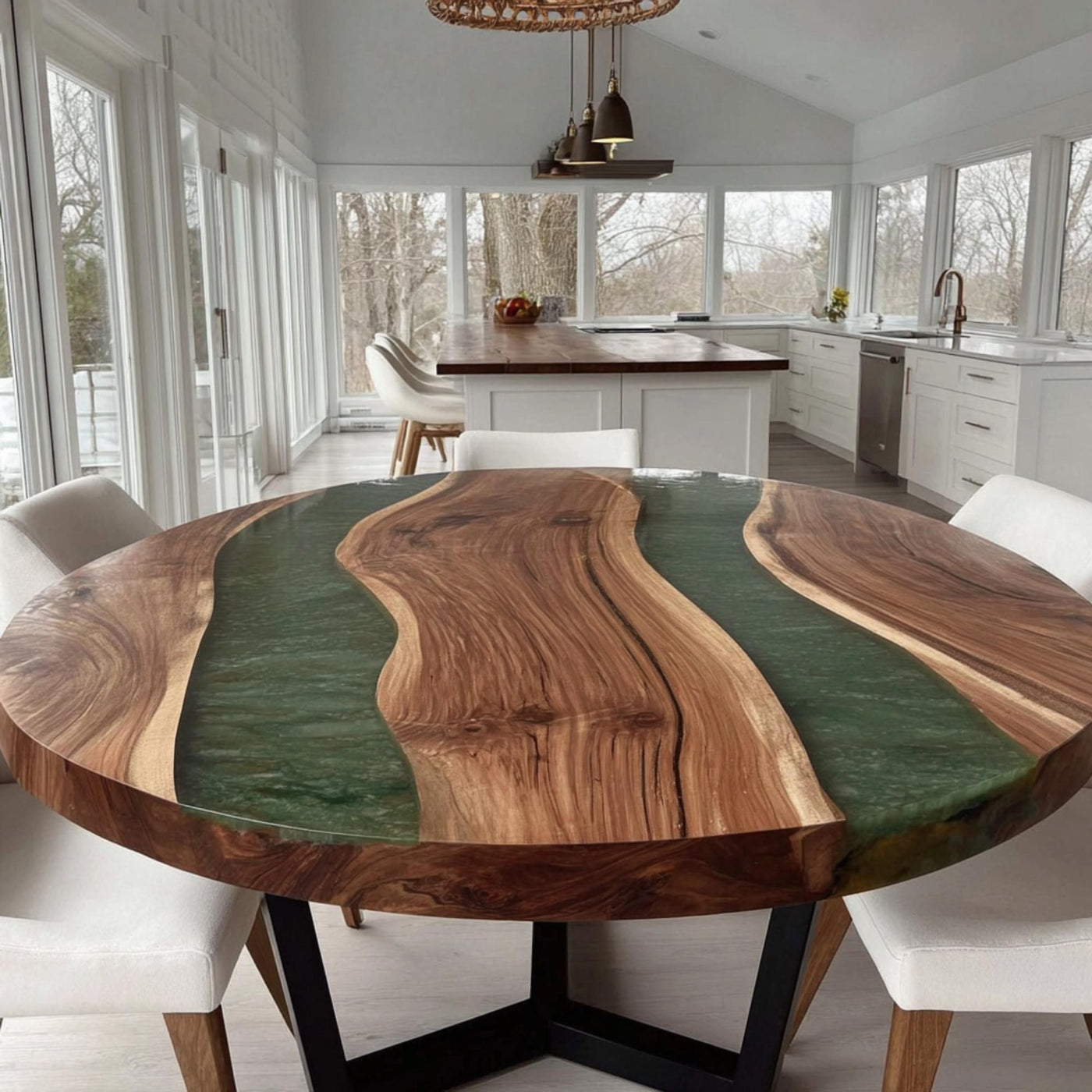 Handmade Walnut Wood Round Dining Table, Epoxy Resin River Table