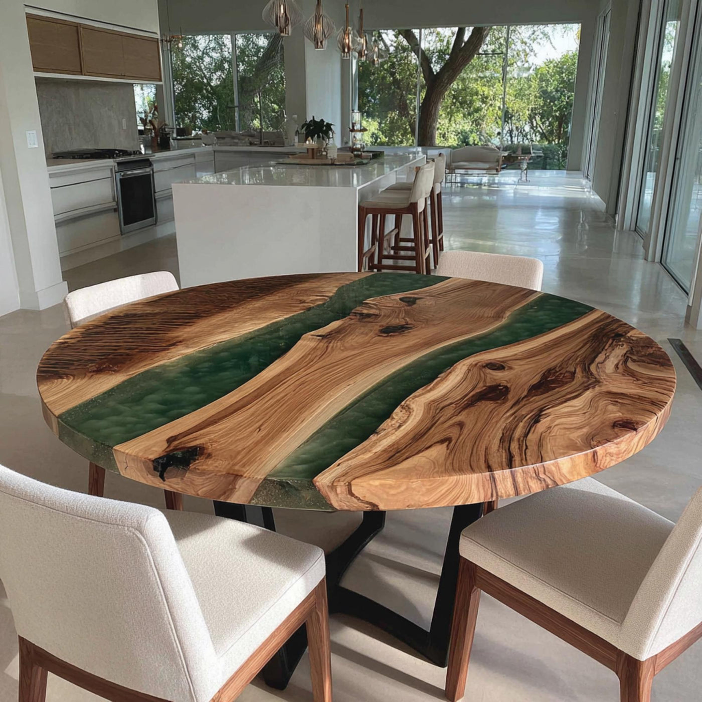 Handmade Walnut Wood Round Dining Table, Epoxy Resin River Table