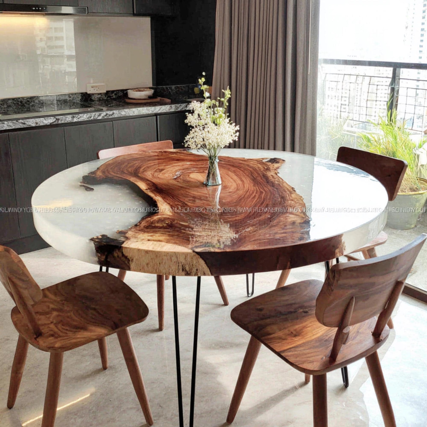 Handmade Walnut Epoxy Round Dining Table, Custom Wood River Table