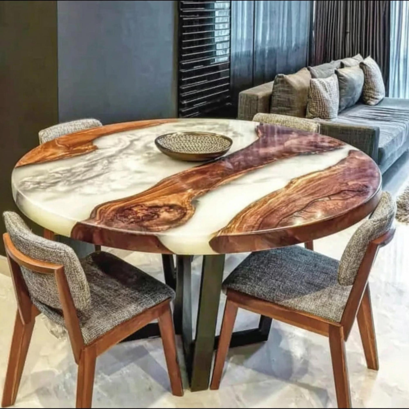 Handmade Walnut Epoxy Round Dining Table, Custom Wood River Table