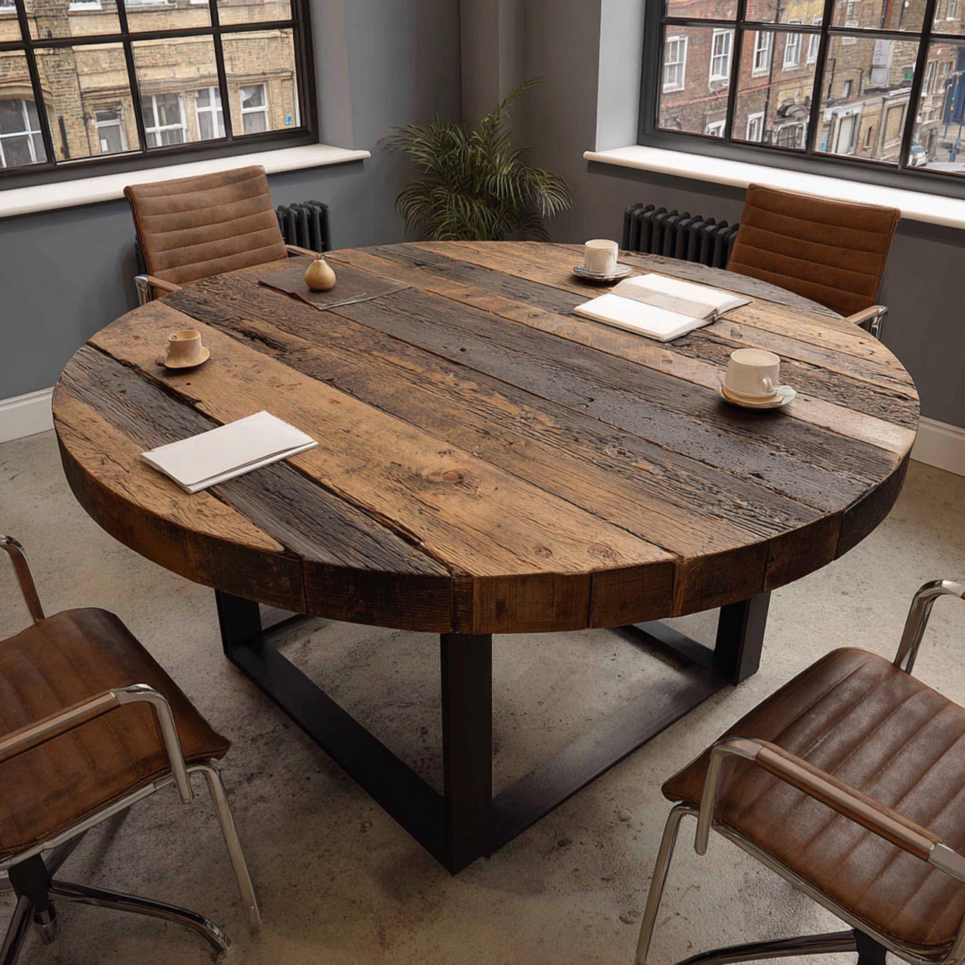 Handmade Walnut Round Dining Table, Rustic Solid Wood with Metal Legs