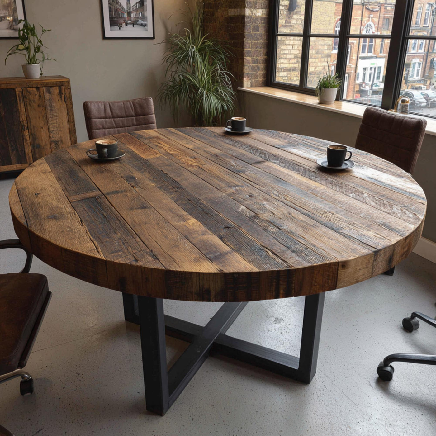 Handmade Walnut Round Dining Table, Rustic Solid Wood with Metal Legs