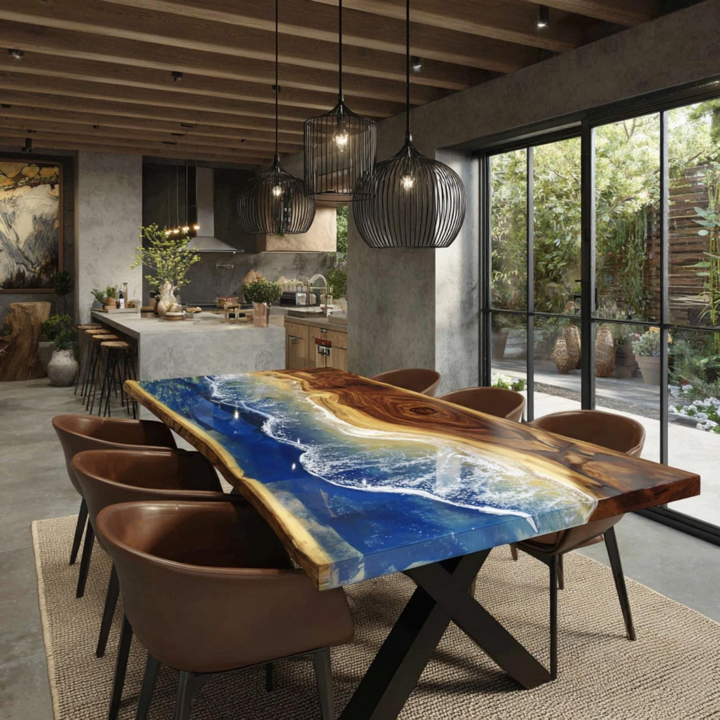 Handmade Live Edge Walnut Epoxy Dining Table, Custom Resin River Table
