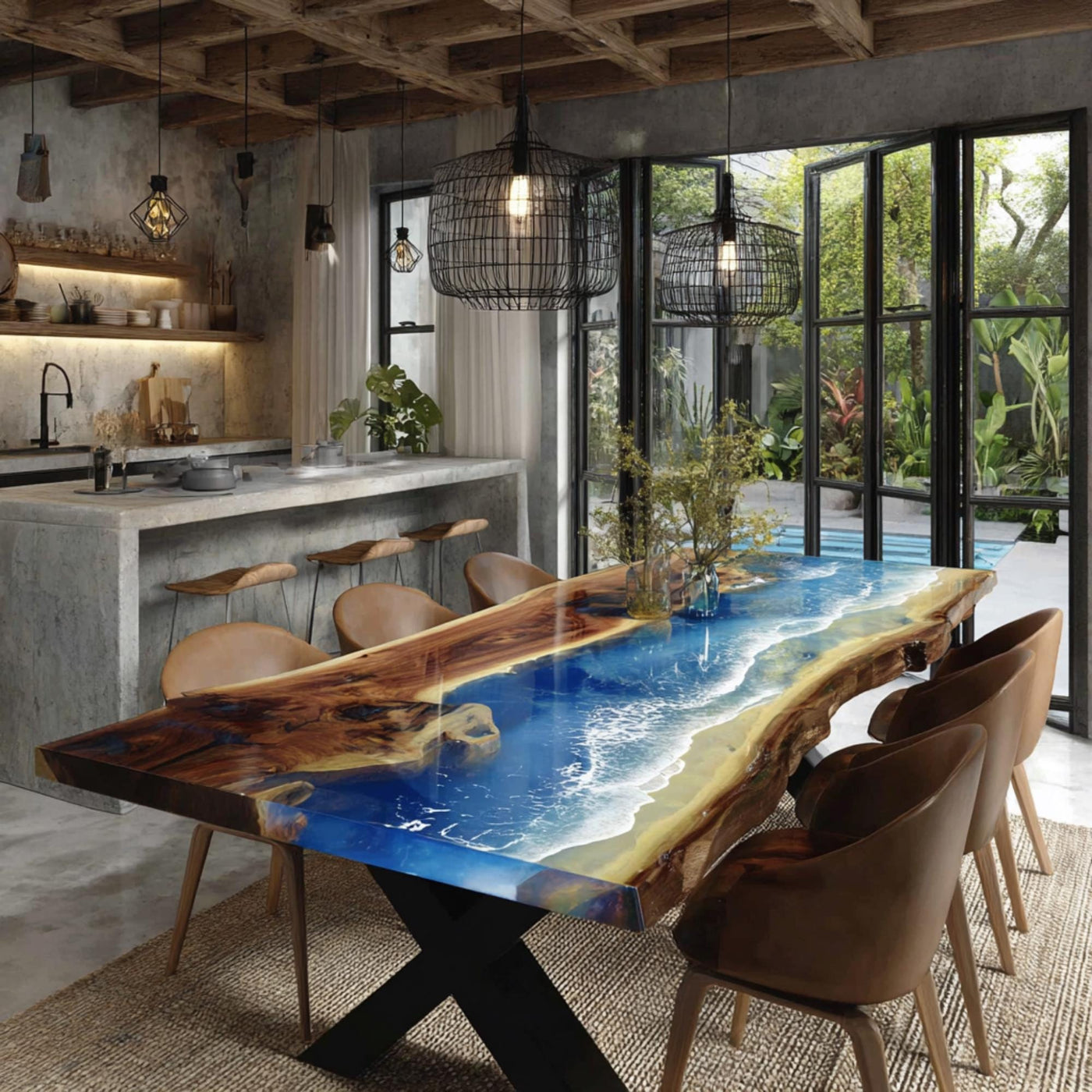 Handmade Live Edge Walnut Epoxy Dining Table, Custom Resin River Table