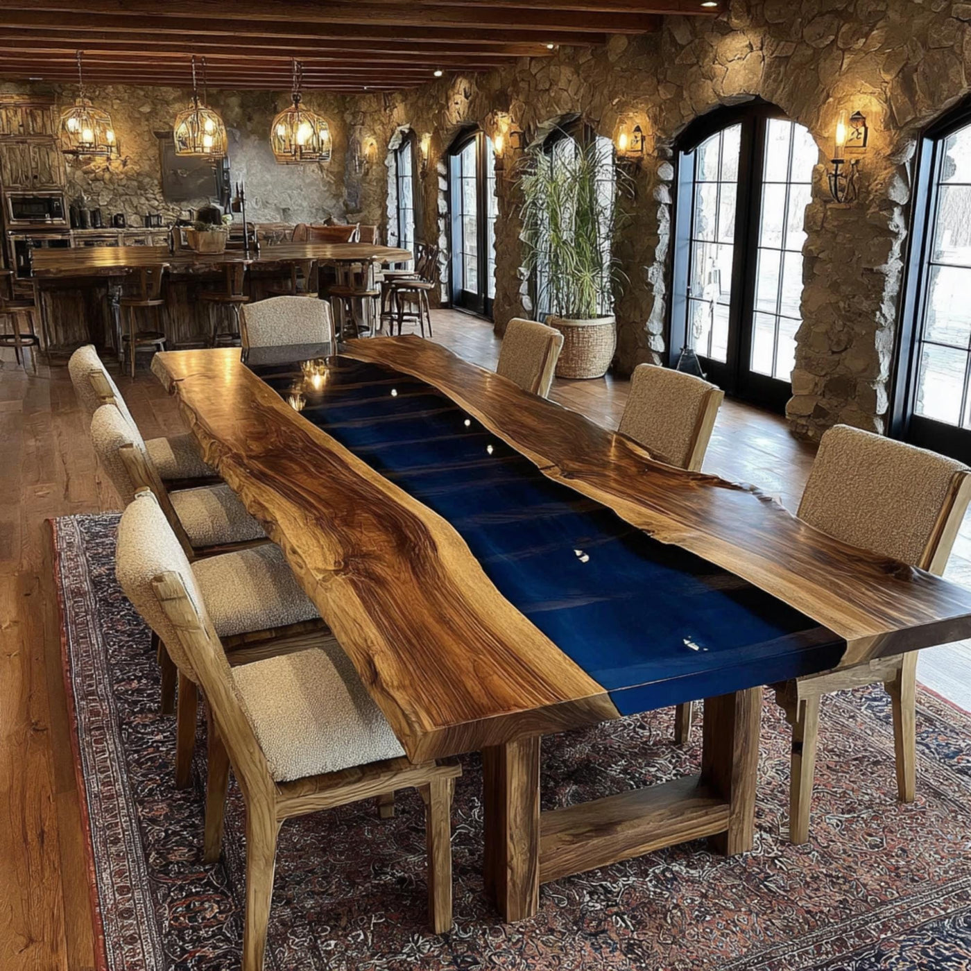 Handmade Walnut Epoxy Resin Dining Table, Live Edge Rustic Wood