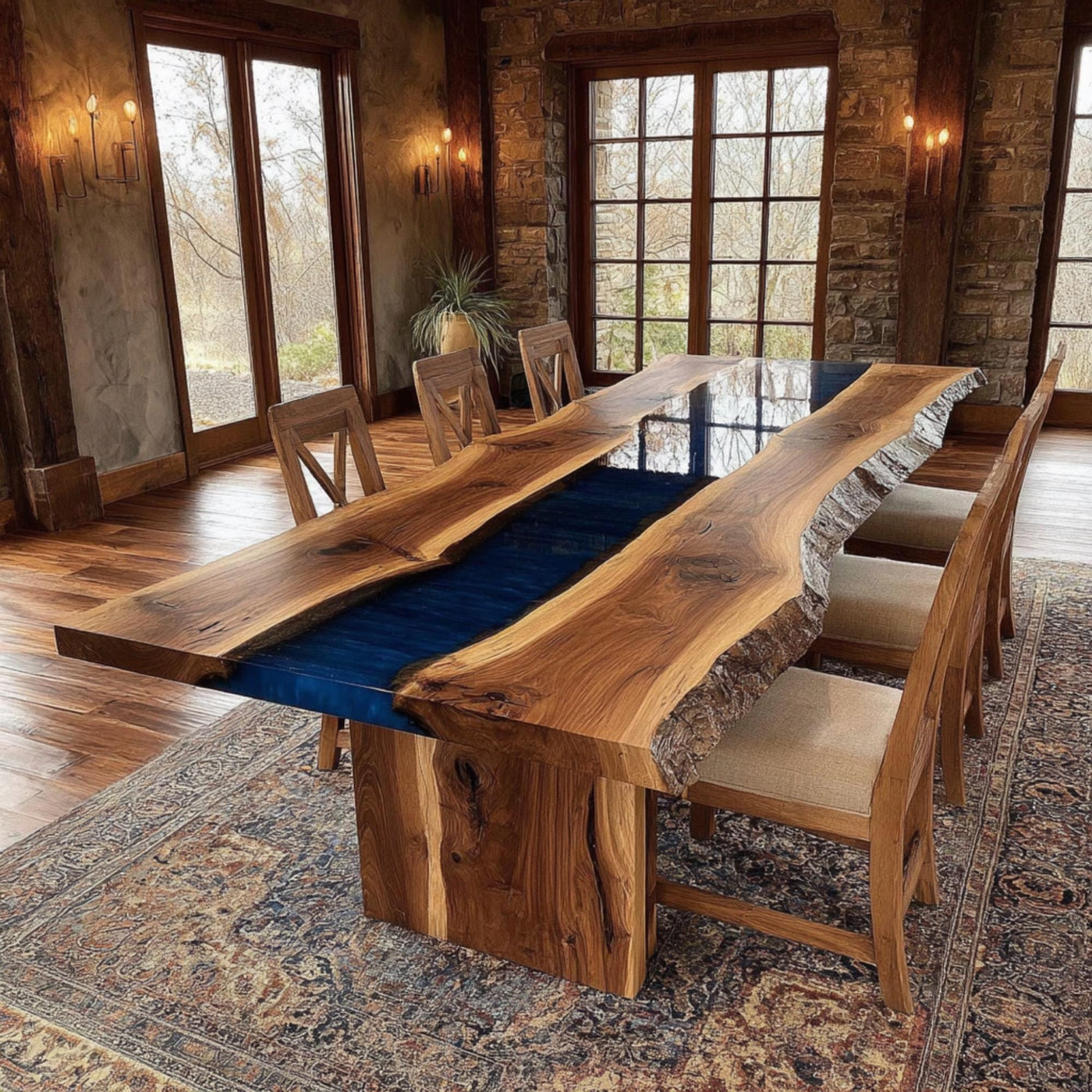 Handmade Walnut Epoxy Resin Dining Table, Live Edge Rustic Wood