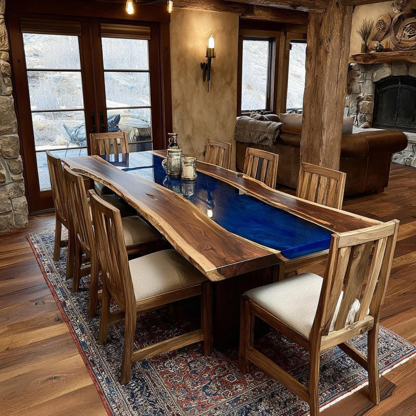 Handmade Walnut Epoxy Resin Dining Table, Live Edge Rustic Wood