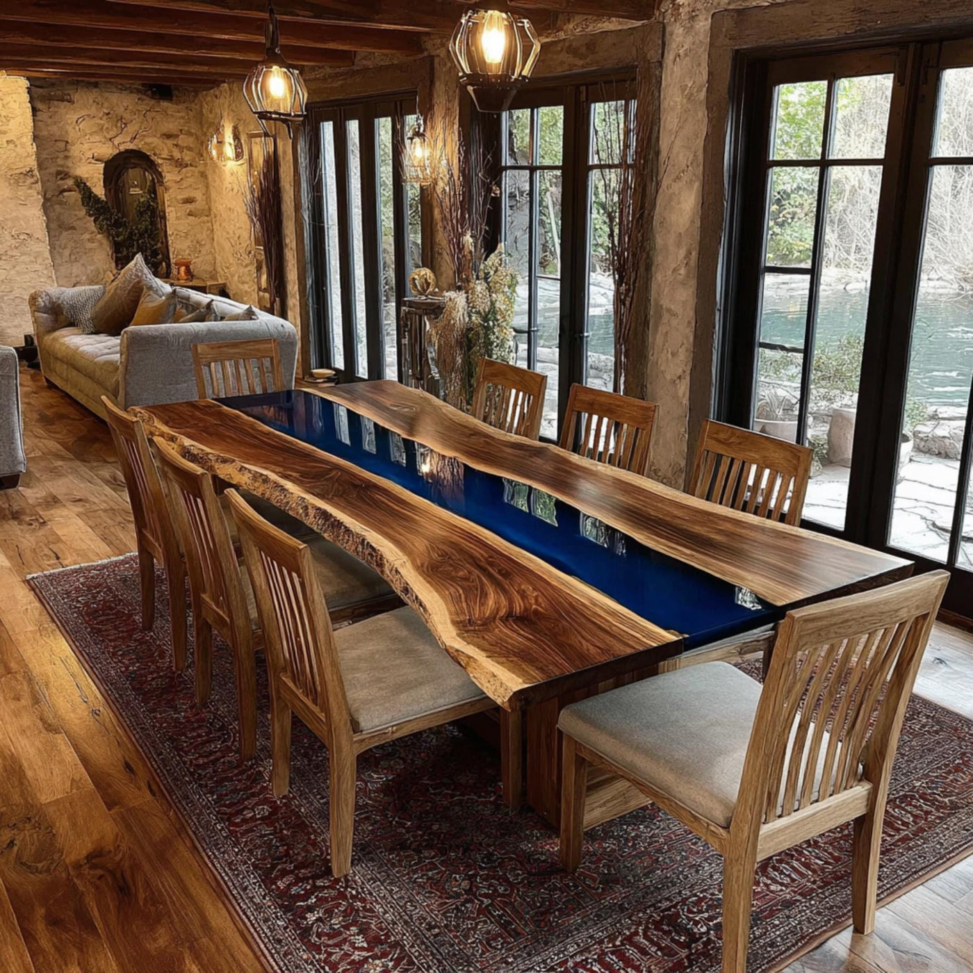 Handmade Walnut Epoxy Resin Dining Table, Live Edge Rustic Wood