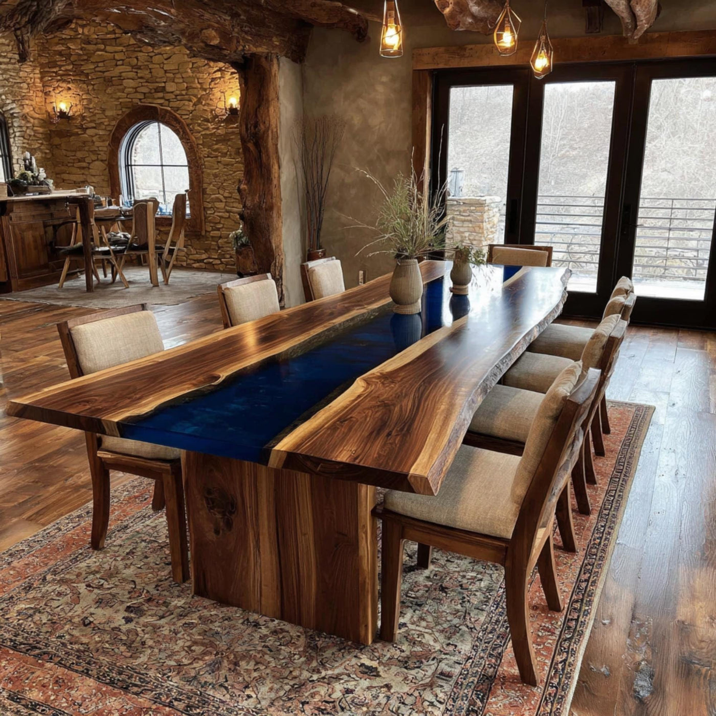 Handmade Walnut Epoxy Resin Dining Table, Live Edge Rustic Wood