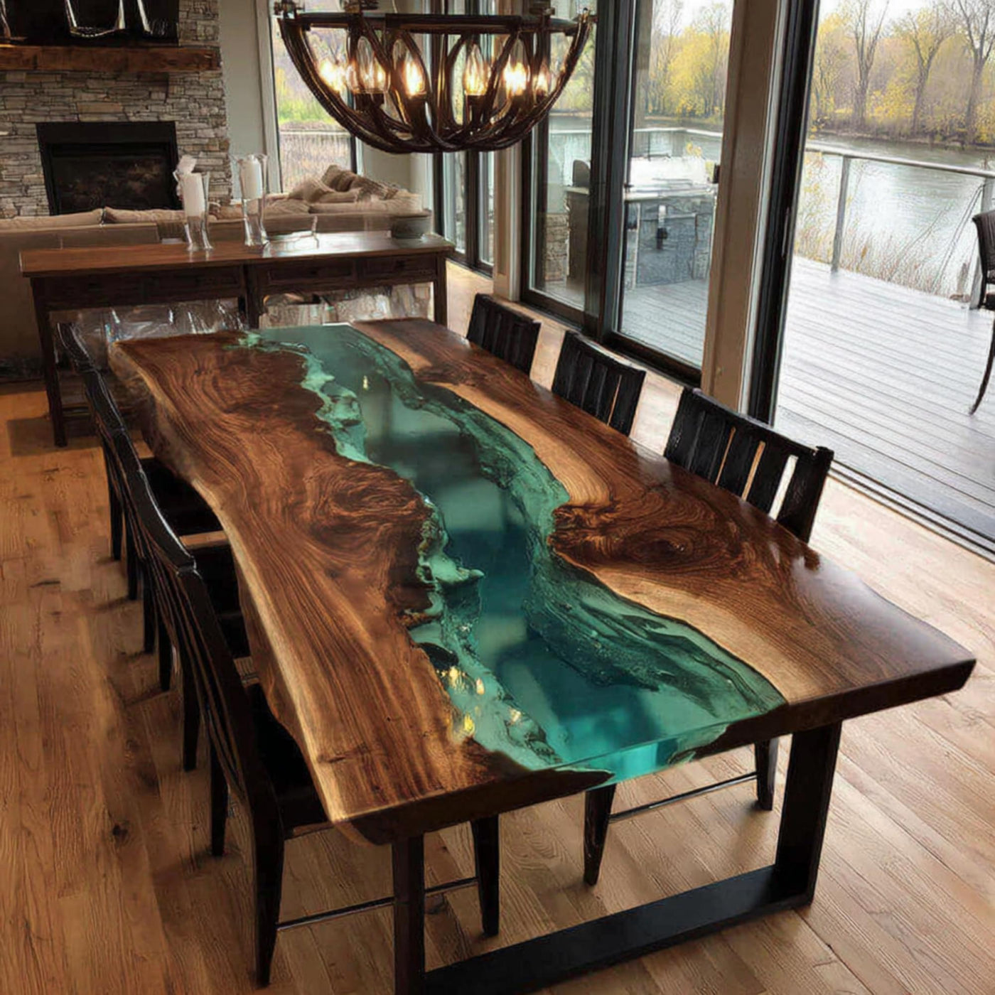 Handcrafted Live Edge Walnut Epoxy Dining Table, Custom Metal Legs