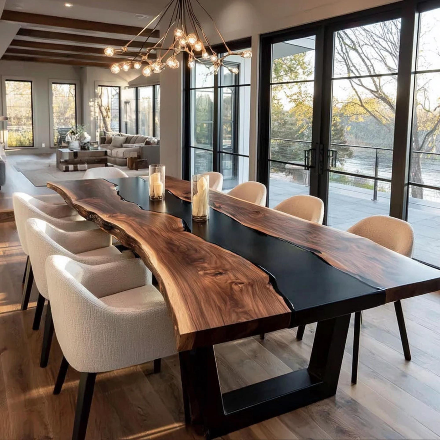Handcrafted Walnut Live Edge Epoxy Dining Table, Custom Metal Legs