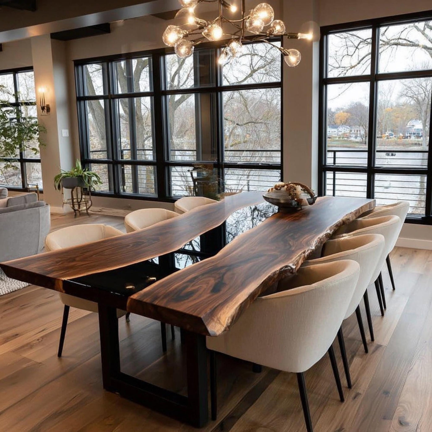 Handcrafted Walnut Live Edge Epoxy Dining Table, Custom Metal Legs