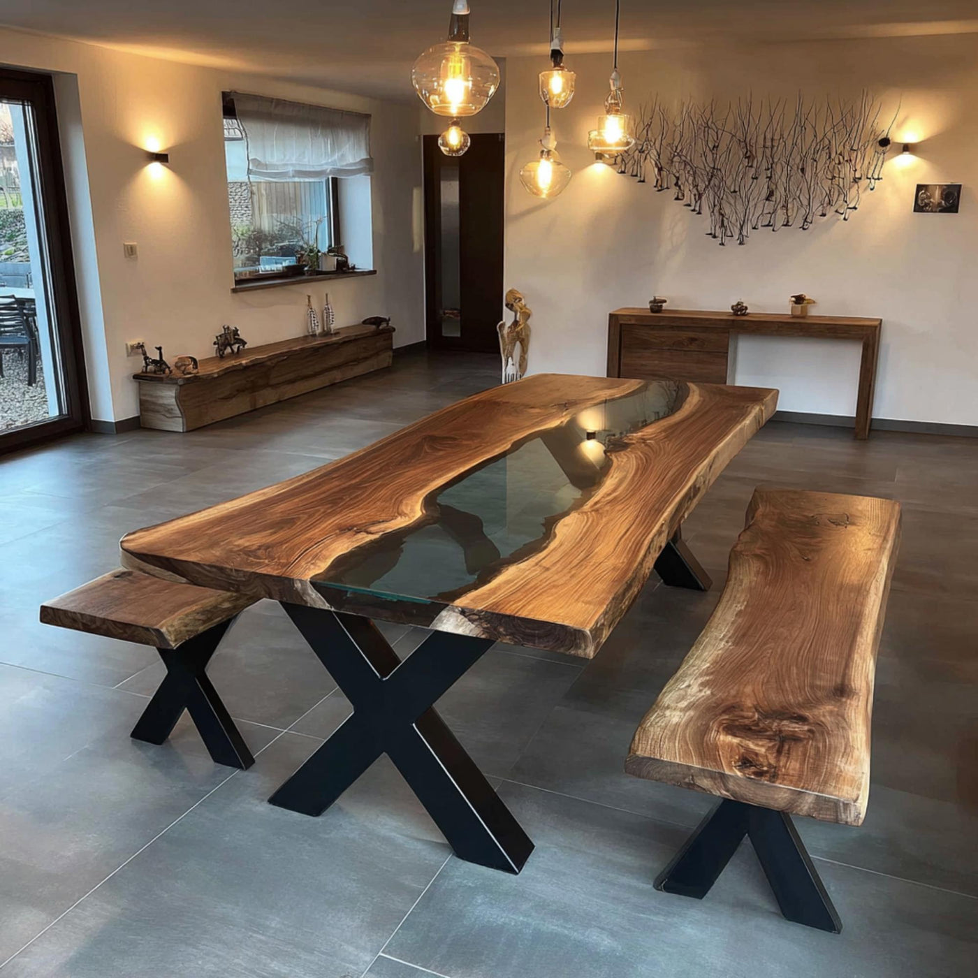 Handmade Live Edge Walnut Dining Table, Epoxy River Table