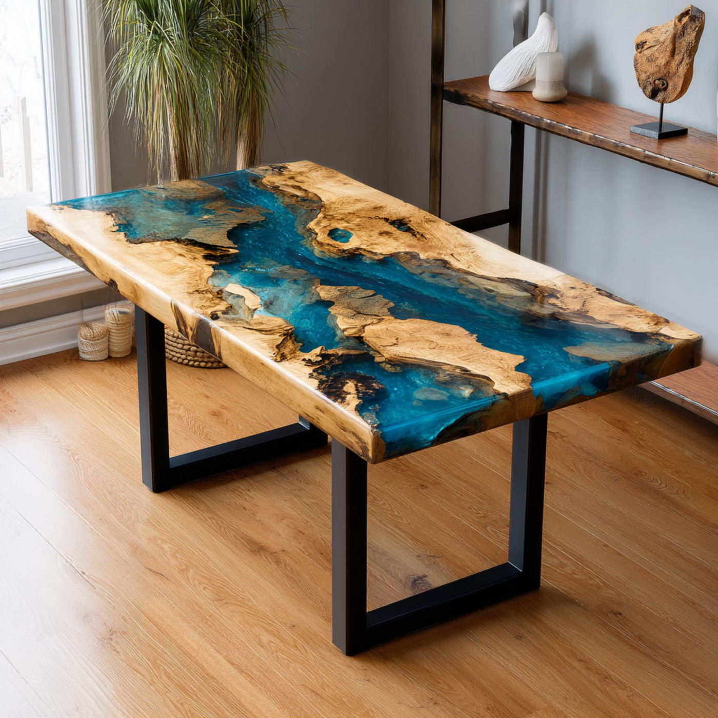 Handmade Walnut Epoxy Resin Table, Live Edge Dining Table
