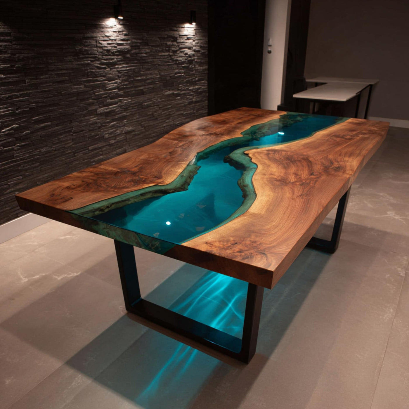 Handmade Walnut Epoxy River Dining Table, Live Edge