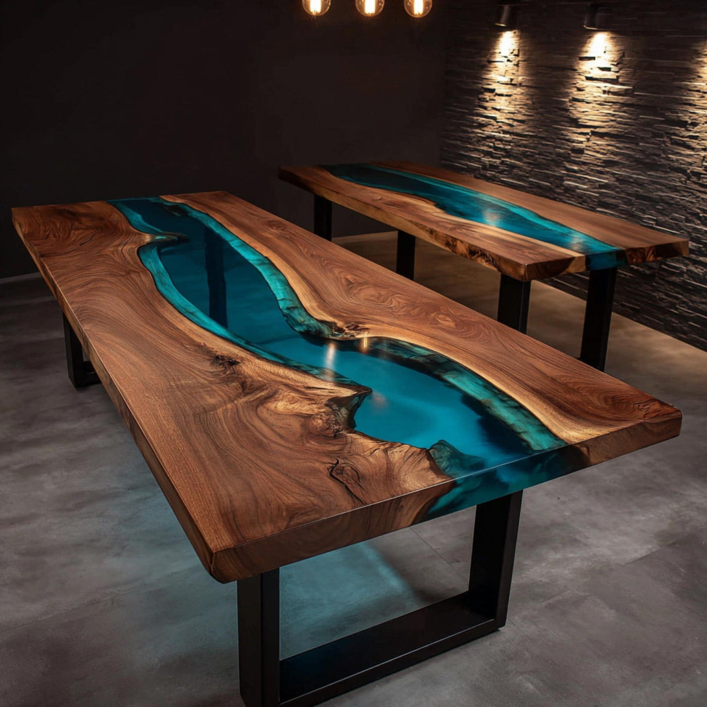 Handmade Walnut Epoxy River Dining Table, Live Edge