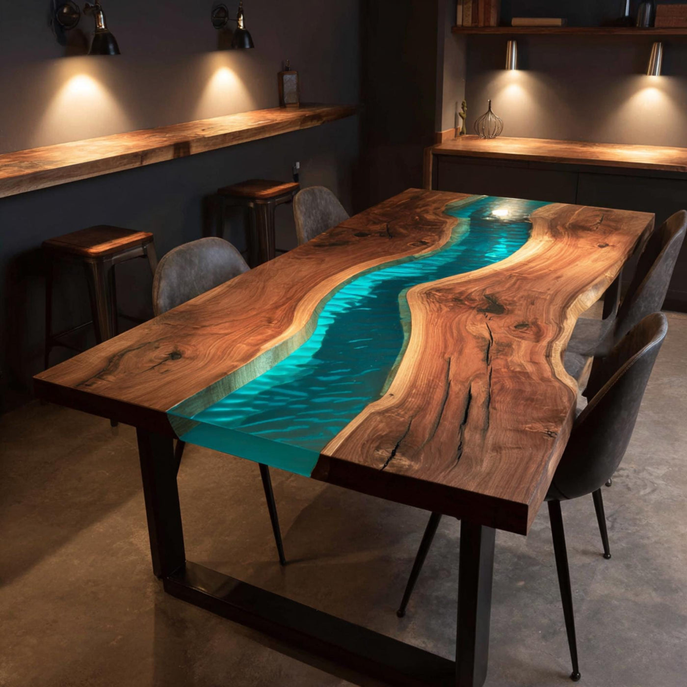 Handmade Walnut Epoxy River Dining Table, Live Edge