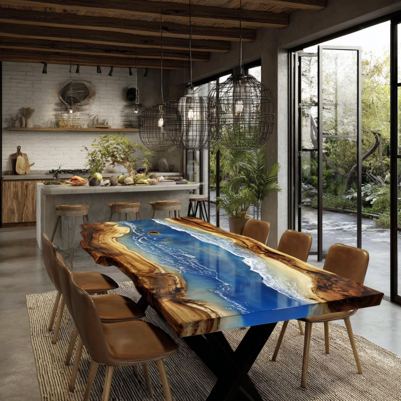 Handmade Live Edge Walnut Epoxy Dining Table, Custom Resin River Table