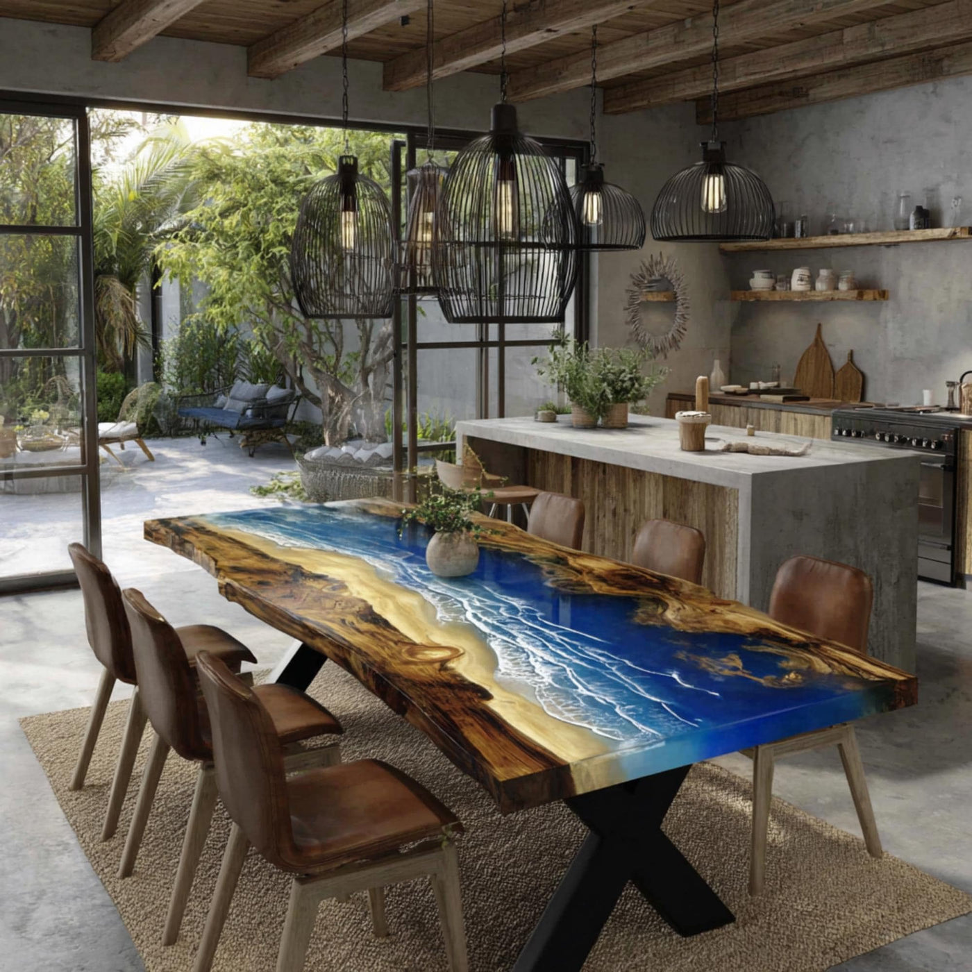 Handmade Live Edge Walnut Epoxy Dining Table, Custom Resin River Table