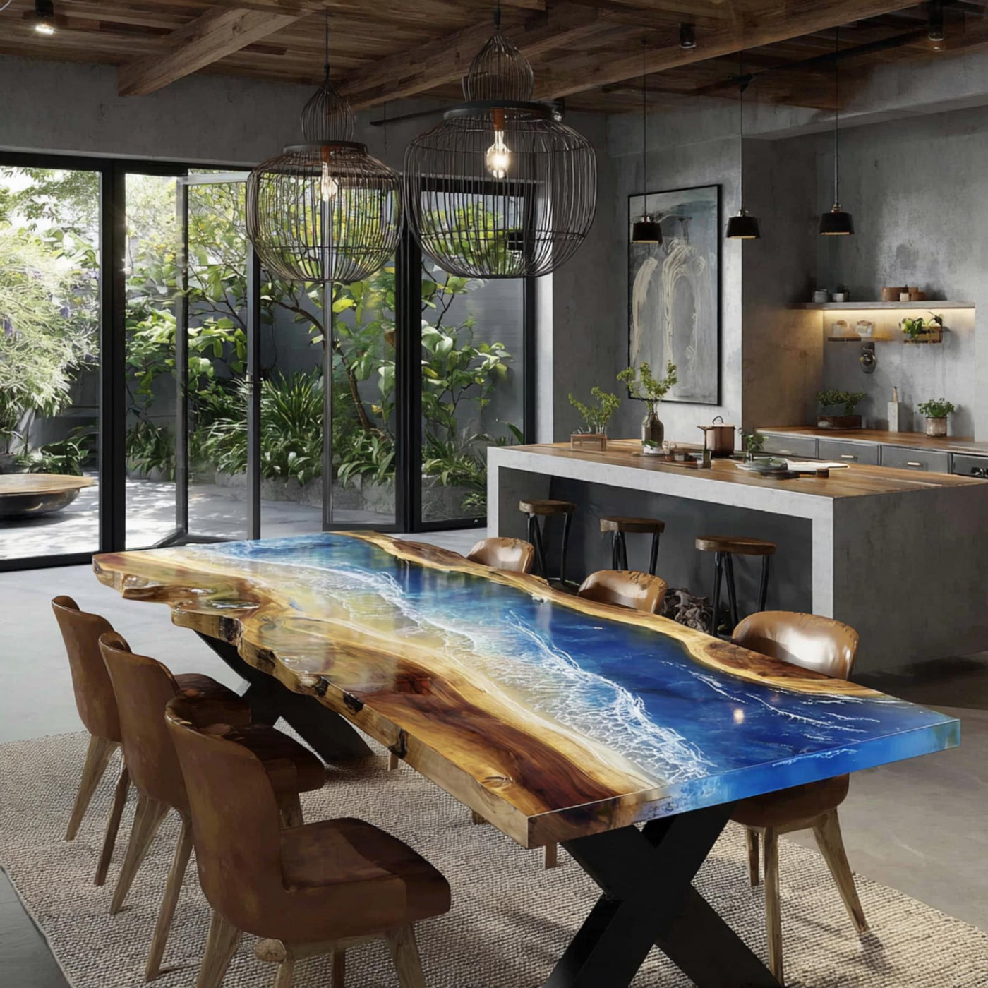 Handmade Live Edge Walnut Epoxy Dining Table, Custom Resin River Table