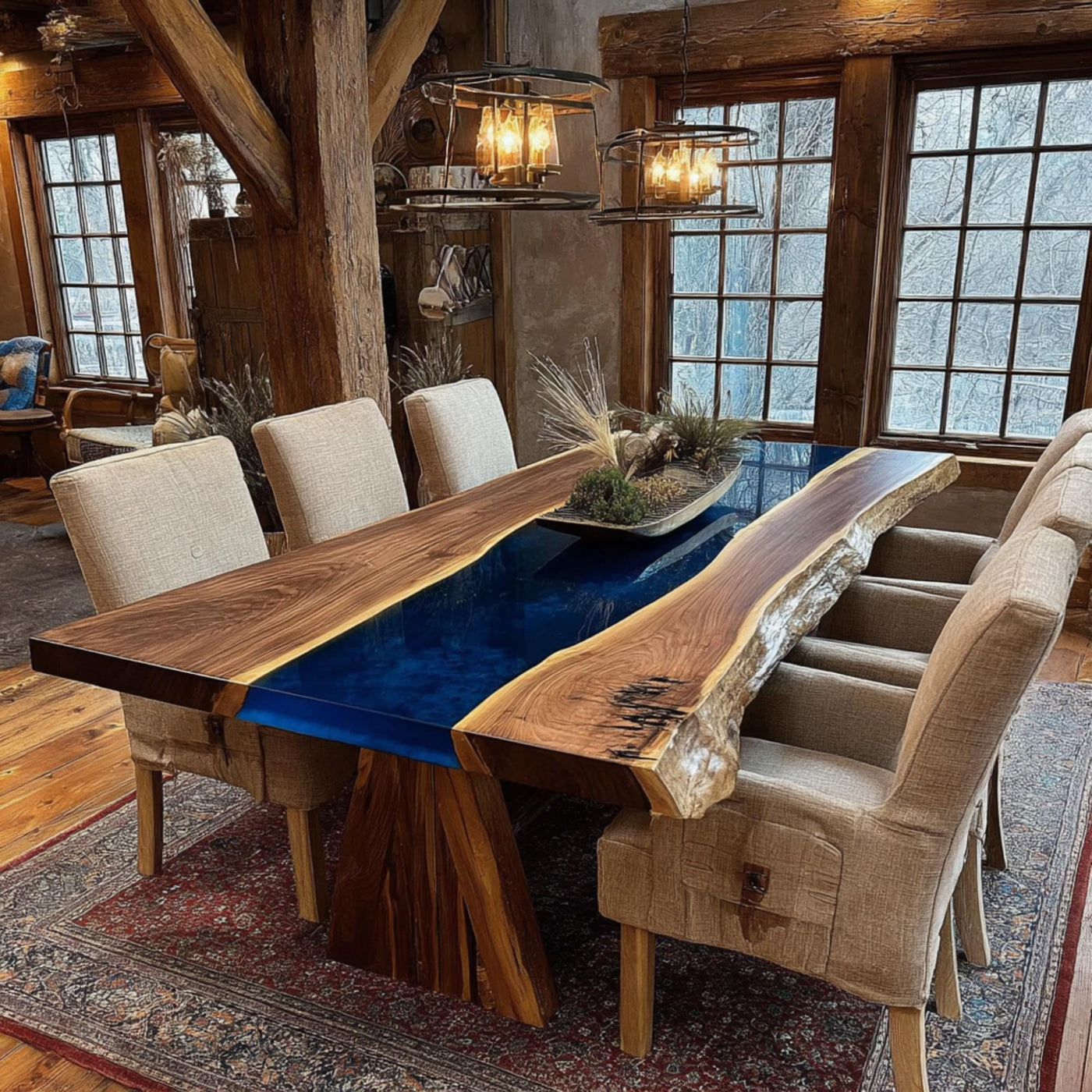 Handmade Walnut Epoxy Resin Dining Table, Live Edge Rustic Wood