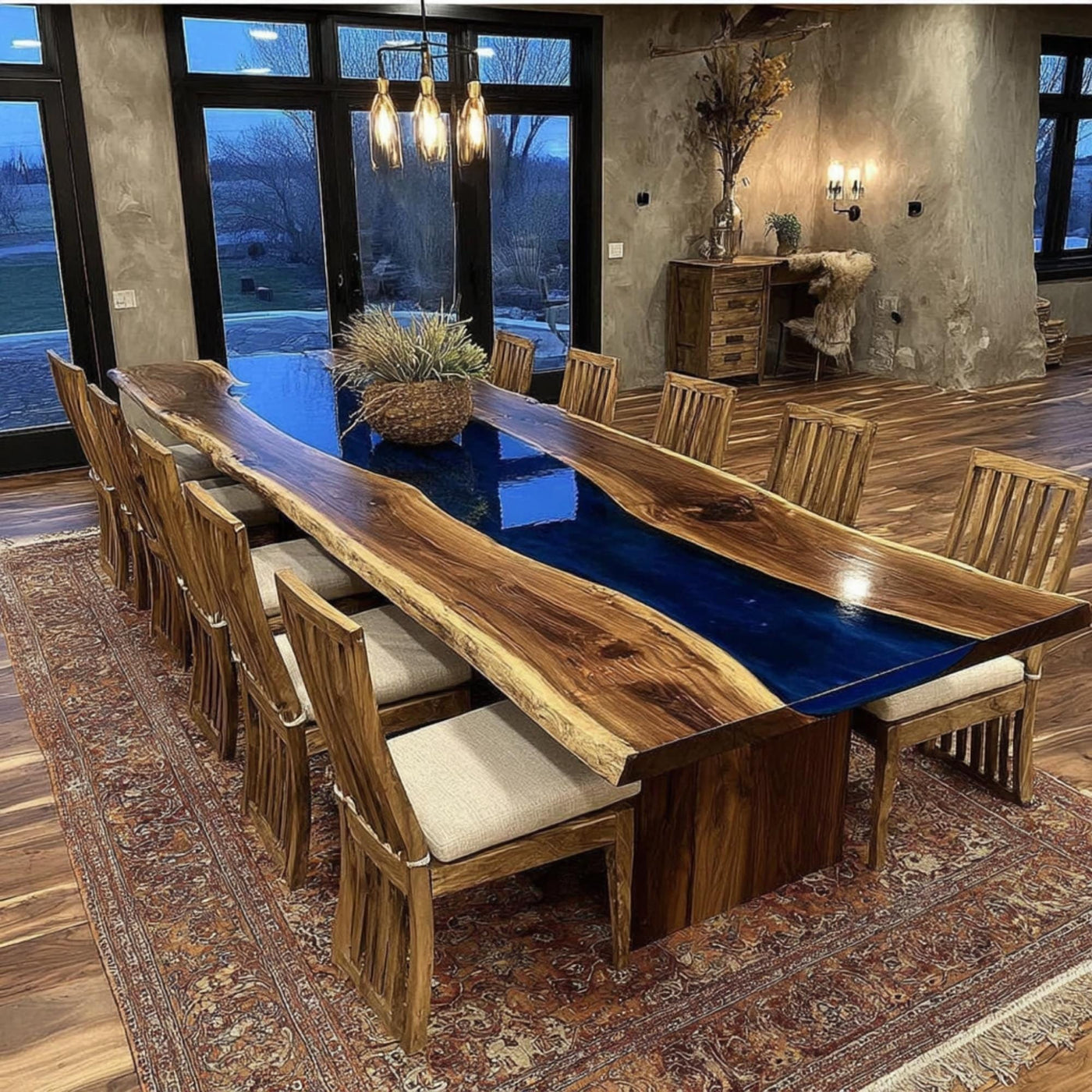 Handmade Walnut Epoxy Resin Dining Table, Live Edge Rustic Wood