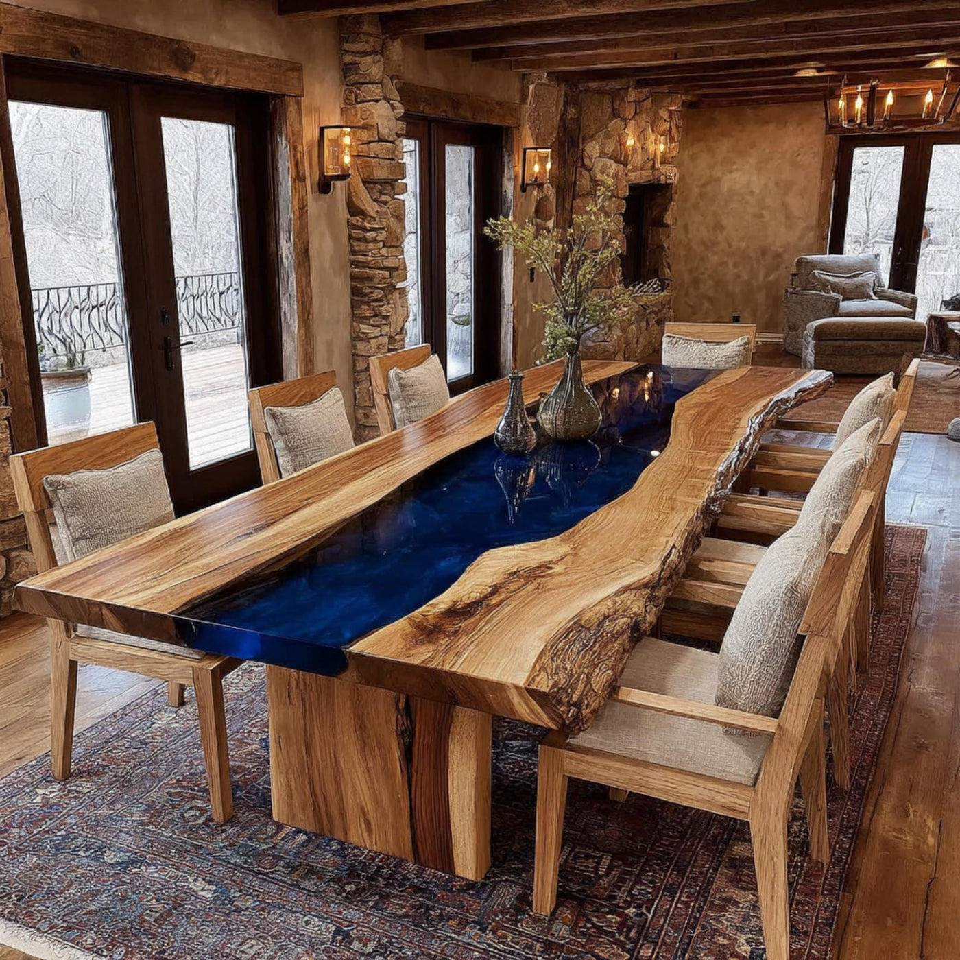 Handmade Walnut Epoxy Resin Dining Table, Live Edge Rustic Wood