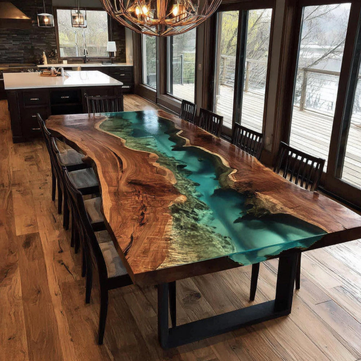 Handcrafted Live Edge Walnut Epoxy Dining Table, Custom Metal Legs