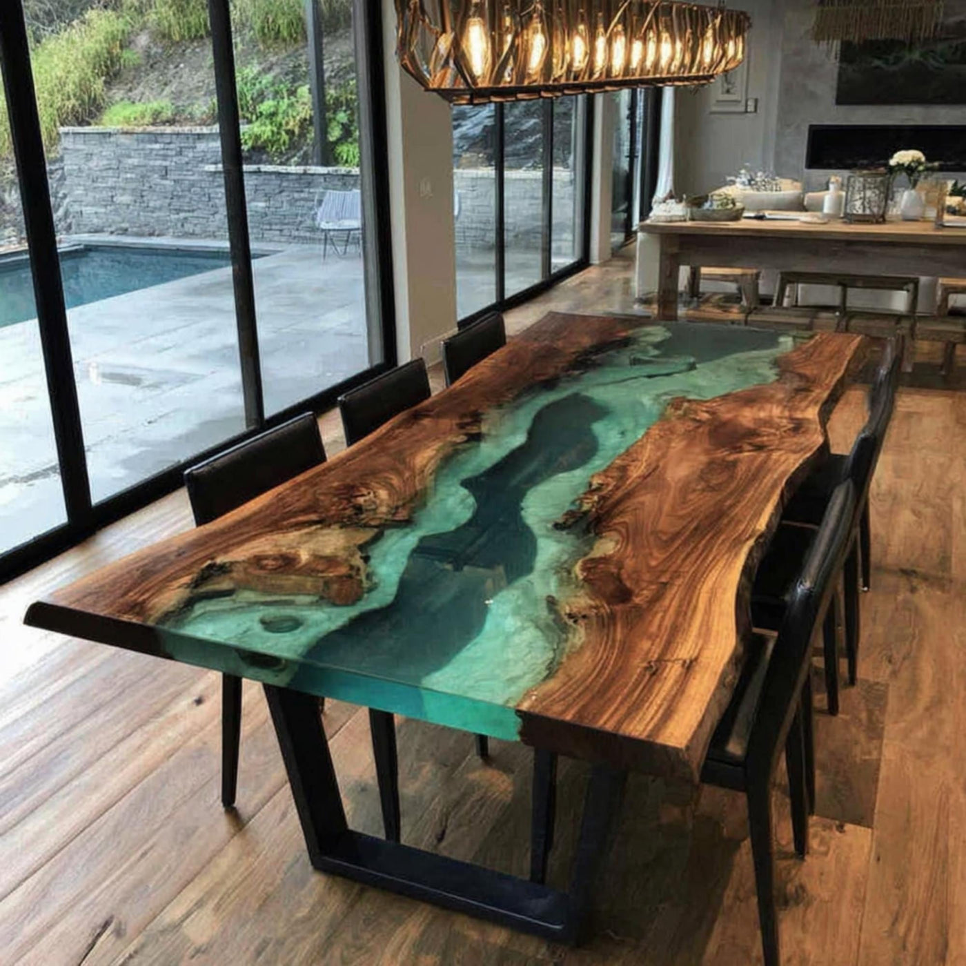 Handcrafted Live Edge Walnut Epoxy Dining Table, Custom Metal Legs